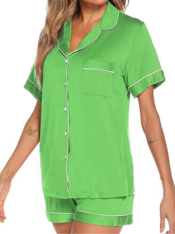 Aamikast Button Up Pajama Set for Women Shorts Short Sleeve Knit Sleepwear - Image 4
