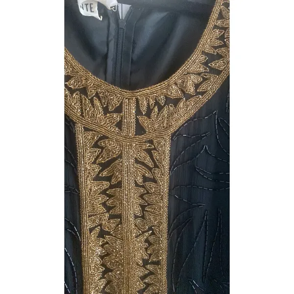 Brilliante by J.A. Vintage Beaded Shift Dress Womens L Black Gold Evening Silk L - Image 4