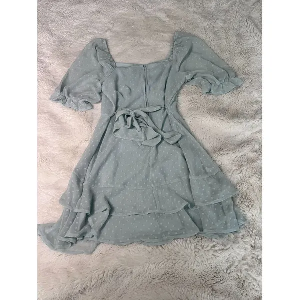 Blue Rain Francesca’s Swiss Dot Ruffle Mini Dress M Light Blue Puff Sleeve - Image 2
