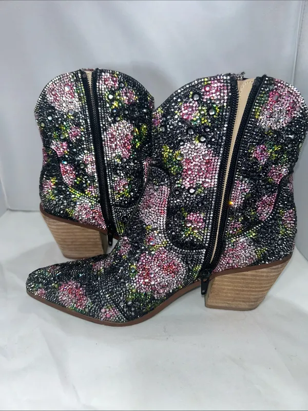 Betsey Johnson Diva Black Crystal Floral Ankle Cowboy Boots Size 6M - Image 5