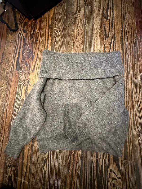 H&M Off the Shoulder Fold-Over Neck Gray/brown Knit Sweater - Image 2