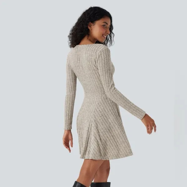 HALARA Ribbed Knit V Neck Long Sleeve Flare Mini Casual Dress NWT Size Small - Image 2