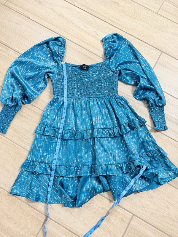 VICI Teal Metallic Stripe Tiered Mini Dress Smocked Puff Sleeve NWOT Size M - Image 6