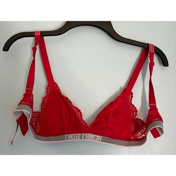 Victoria's Secret Wireless Bra Red Lace Sparkle Strap XS - Image 8