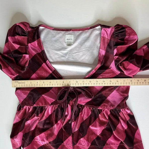 Maeve Anthropologie Pink Plaid Velvet Babydoll Top Medium‎ Coquette Academia - Image 10