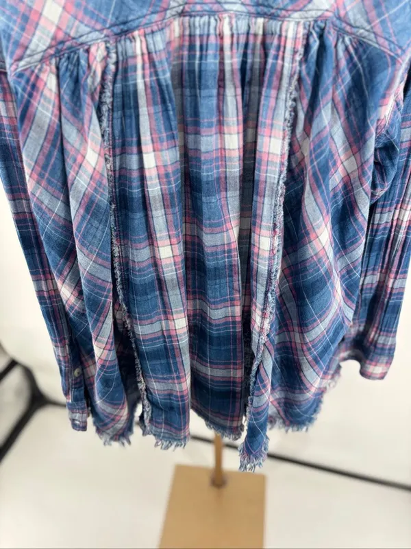 Free People Seeking Starlight Plaid Shirt Blouse Size M Boho Pink Blue Casual - Image 8