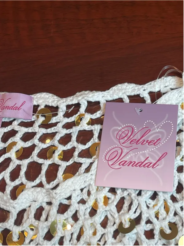 Fringe Sequin Crochet Fishnet Poncho by Velvet Vandal Natural White Sz L Boho - Image 10