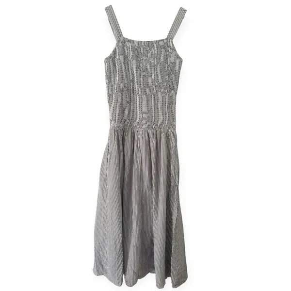 NWT OGL Striped Poplin Square Neck Smocked Midi Bra Dress Sz Medium Gray Stripe - Image 5