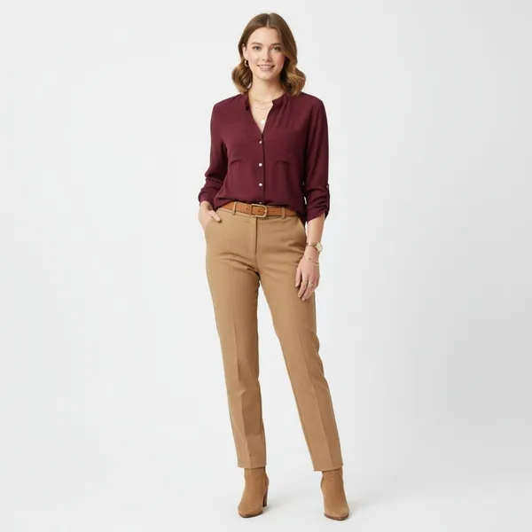 100% Silk Max Studio Burgundy Button Close Long Sleeve Colarless Blouse Top M - Image 6