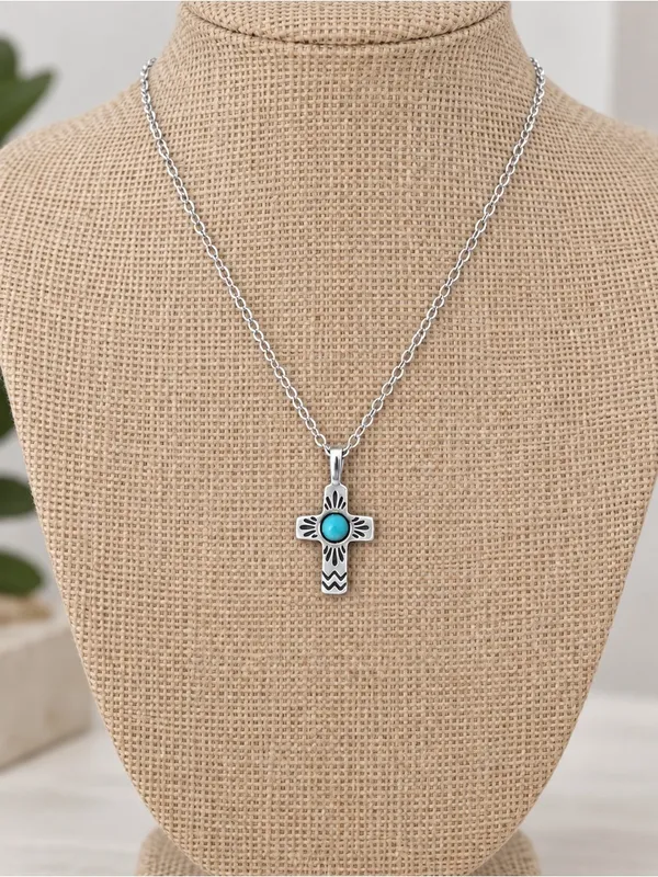 Southwestern Turquoise Cross Sterling Silver Sand Cast New Sterling Plate Chain - Image 3