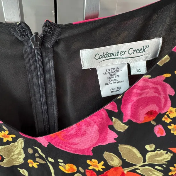 100% Silk Floral‎ Midi Dress Pink Red Black Size 14 Derby Rose Cottage Romantic - Image 3