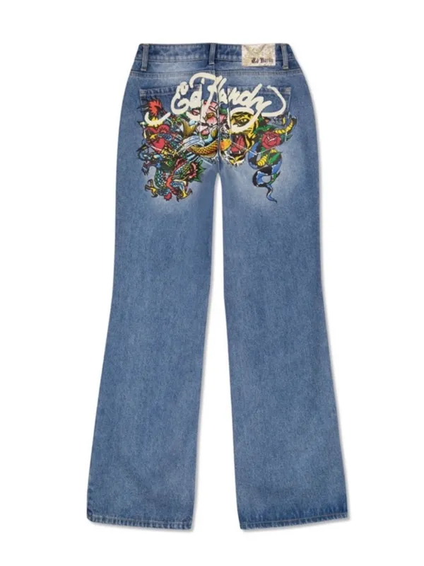 Ed Hardy Y2K Tattoo Snake Painted Tiger Koi Fish Oversized Wide Leg Jeans Sz 26 - Image 3
