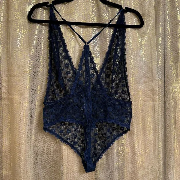Victorias Secret Navy Blue Fully Lace One Piece Lingerie Bodysuit Large NWOT - Image 2