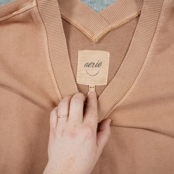 Aerie V-Neck Oversized Cropped Sweatshirt Peach‎ Terracotta Cotton Blend XS - Image 3