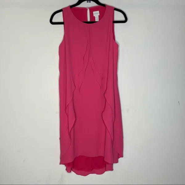 Chico's Ruffle Detail Dress Pink Passion Hi Lo Solid Keyhole NWT Size Small - Image 2