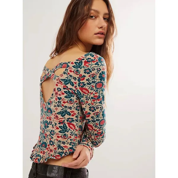 Free People sz M Ruffle Paisley Melanie Scoop Top Blouse Boho Feminine Cottage - Image 3