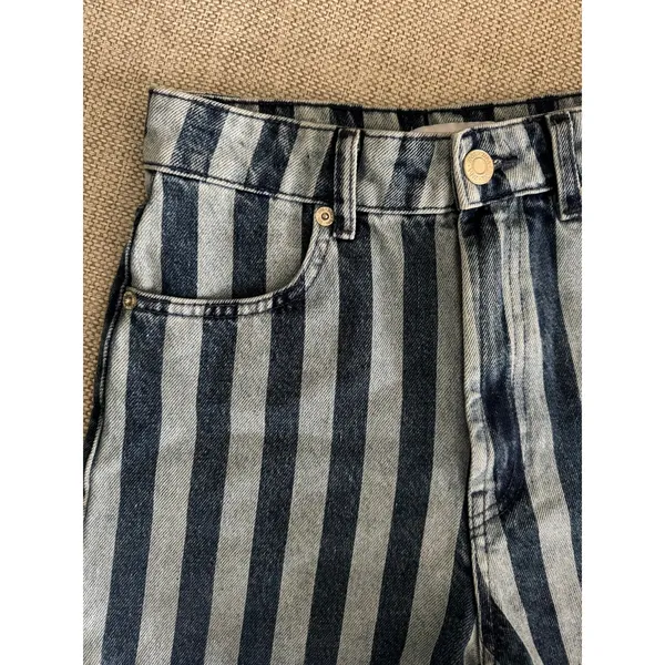 Zara High Waisted Light Dark Blue Striped Denim Shorts Size 4 - Image 3