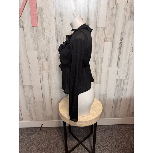 No Boundaries Black Ruffle Cardigan Top Womens Medium 8-10 Tie Front Long Sleeve - Image 3