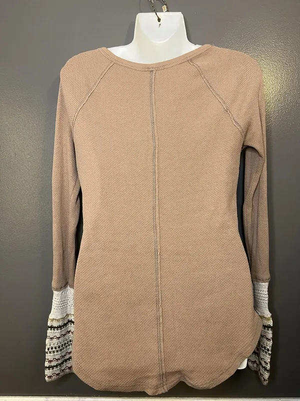 Free People Shirt Womens Small Beige Thermal Henley Crochet Cuff Tunic Top - Image 6