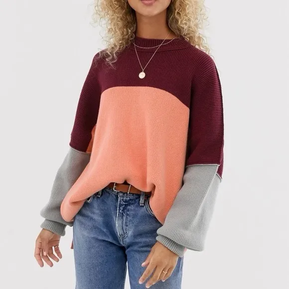 Free People Easy Street Oversized Sweater Color Block Women’s Small Peach Combo - Image 4