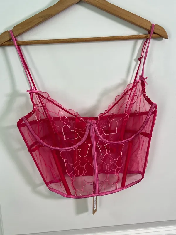 NWT SKIMS Embroidered Tulle Corset Top Pink Punch Hearts Size Large - Image 2