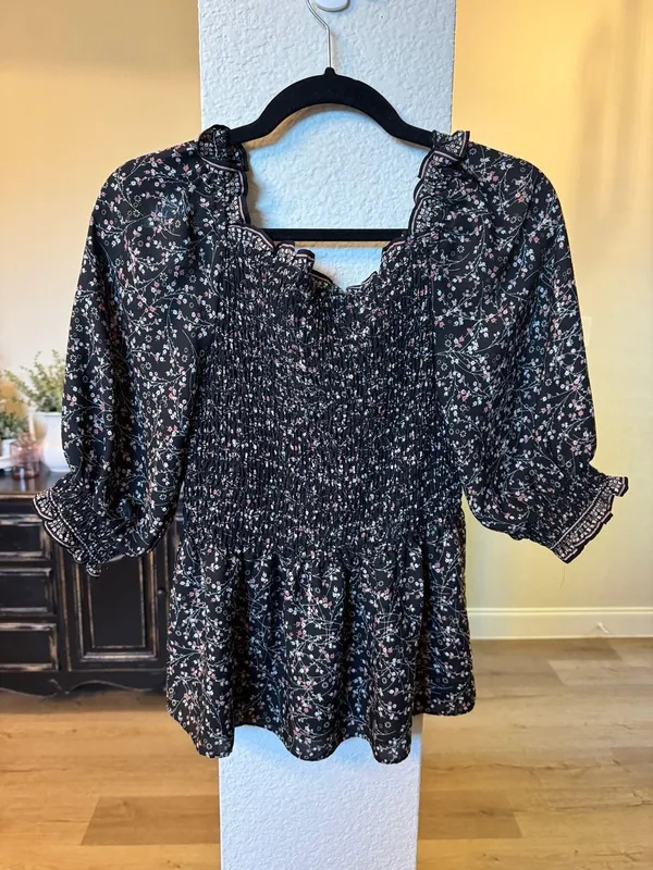 Max Studio Women's Black Floral Smocked Square Neck Peplum Blouse Size L - Image 5