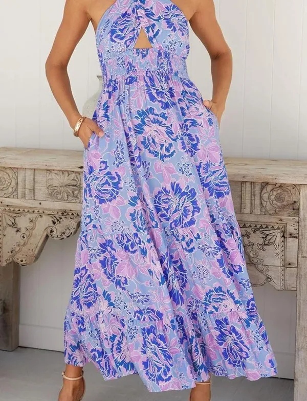 Zesica Floral Halter-Neck Maxi Dress in Blue and Purple | Size Medium - Image 4