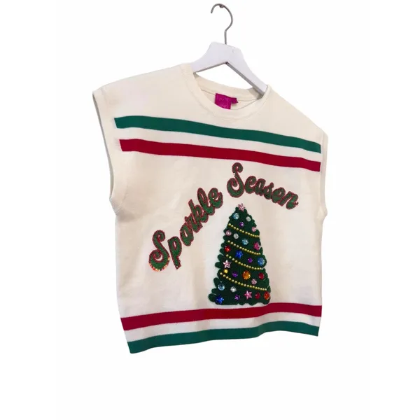 NWT Queen of Sparkle Sparkle Season Christmas Tree Sweater Vest Cream XS - Image 3