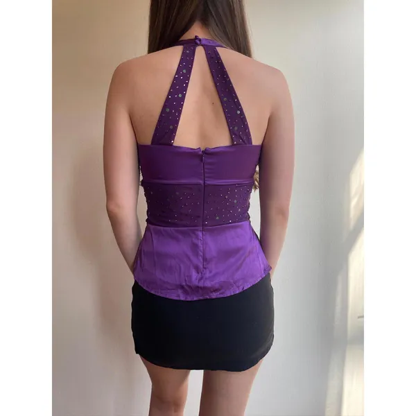 Purple Beaded Sequin Y2k Mesh Panel Halter - Image 2