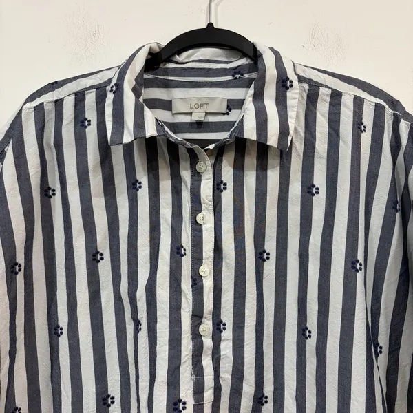LOFT Clip Henley Dolman Striped Everyday Button Up Tunic Blouse Large Embroidery - Image 4