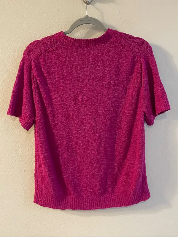 J. Crew Sweet Magenta Short Sleeve Slub Cardigan Sweater Top Size Medium - Image 4