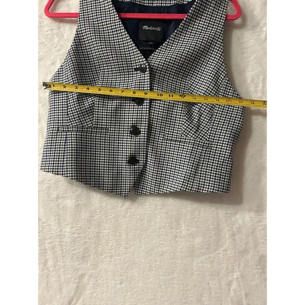 Madewell Italian Fabric Plaid Button Front Vest Navy Black‎ White Size 8 - Image 9