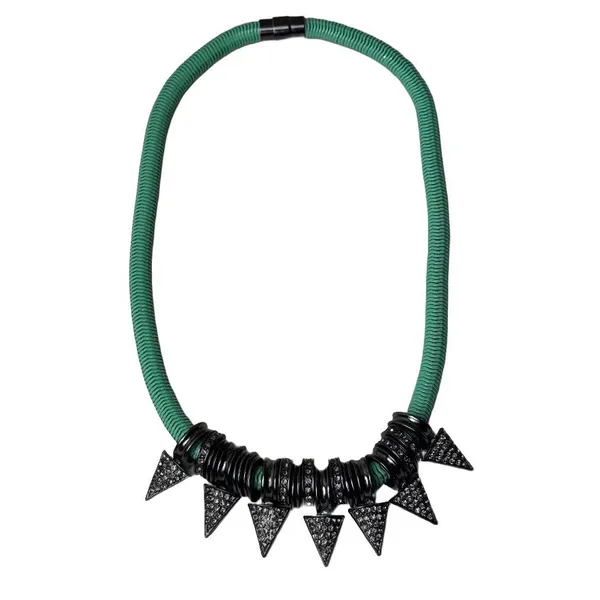 Aqua‎ Ribbed Cord Statement Necklace Gunmetal Triangle Crystal 20" Whimsigoth - Image 2