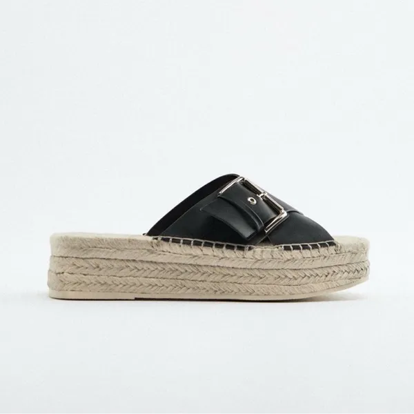 Zara Black Leather Espadrille JUTE WEDGE SANDALS - Image 8