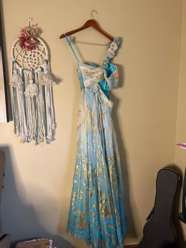 Mac Duggal Beaded One Shoulder Cut Out Gown Maxi Dress Turquoise Gold Size 6 - Image 7