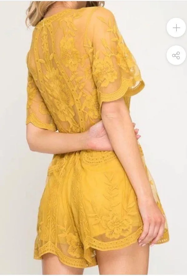 She + Sky Mustard Lace Romper - Image 2