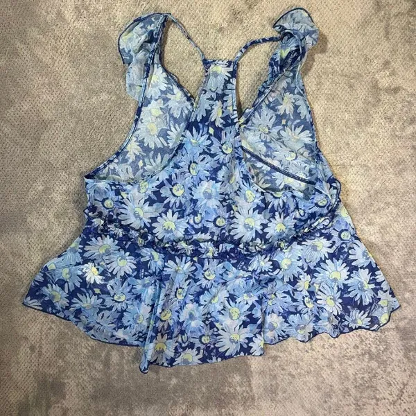 Free People Fearless Tank Blouse Blue Floral Ruffle Tie Front Sheer Peplum Med # - Image 11