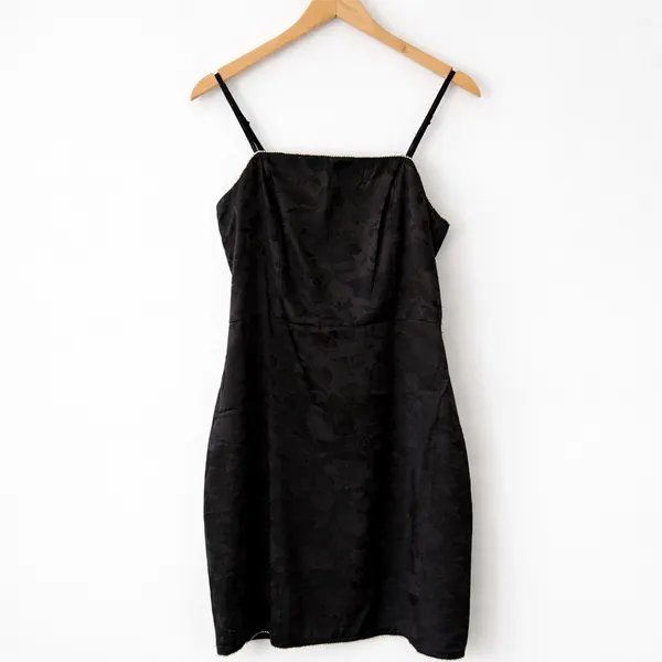 NWT Lulus Sleek Elegance Black Satin Floral Jacquard Rhinestone Mini Dress M - Image 3