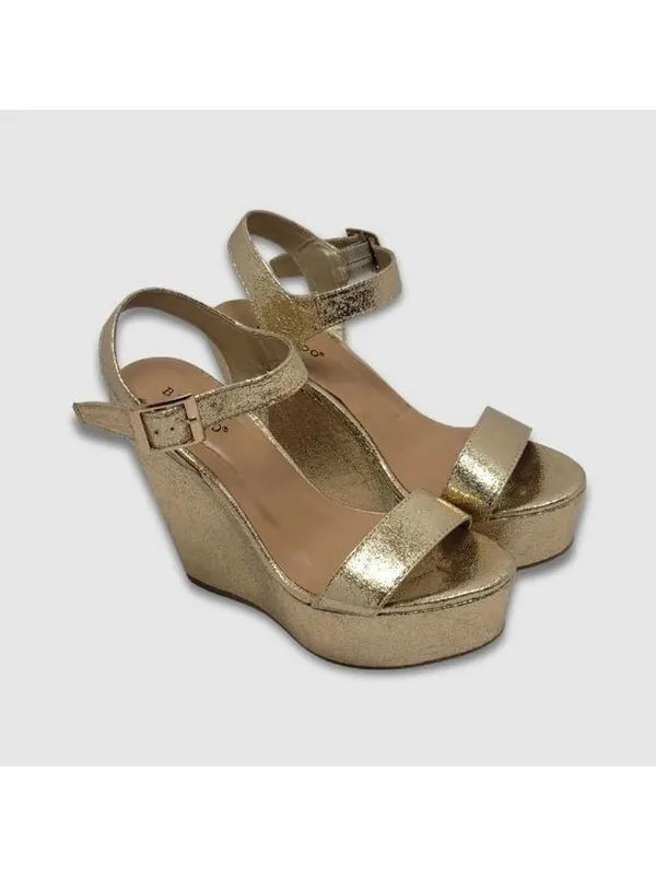 Bamboo Platform High Wedge Heels Ankle Strap Round Toe Metallic Gold Sandal Sz 8 - Image 12