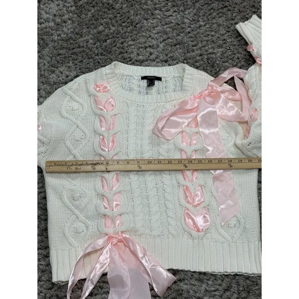 Women’s Ivory Chunky Cable Knit Sweater Pink Ribbon Bow Oversized Himekaji L - Image 12