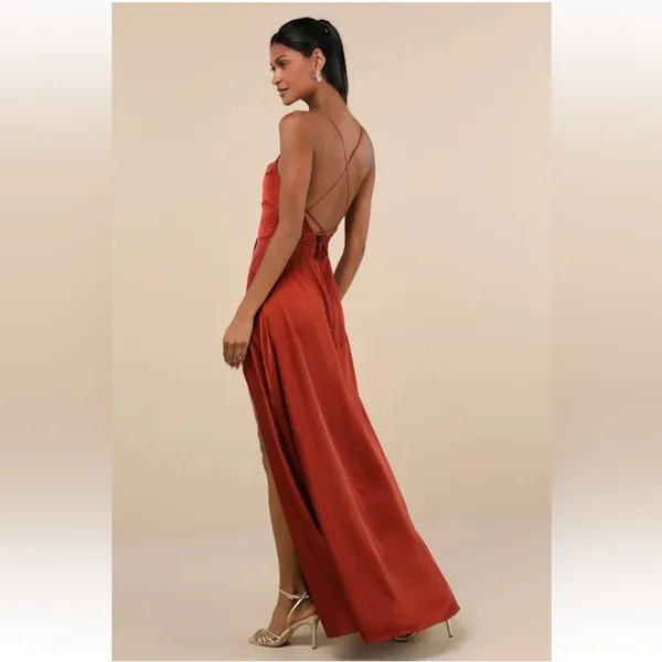 Lulus Rust Orange Satin Silky Lace-Up Backless Maxi Dress - Image 3
