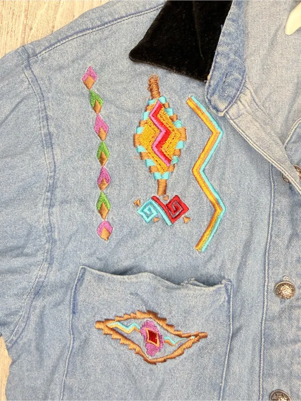 Vintage panhandler slim blue jean denim embroidered western button shirt lg - Image 3