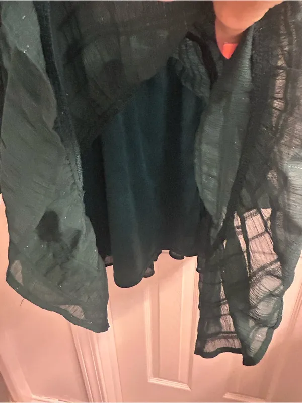 Altar’d State Green Smocked Tiered Dress Sheer Long Sleeve Shimmer Boho S - Image 6