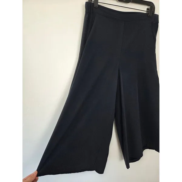 Elaine Kim 100% Silk Wide Leg Cropped Pants Lightweight Navy Blue Pull On Large - Image 2