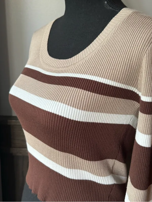 The Slope Striped Scoop-Neck Ribbed Sweater in Brown, Cream & Tan medium - Image 2