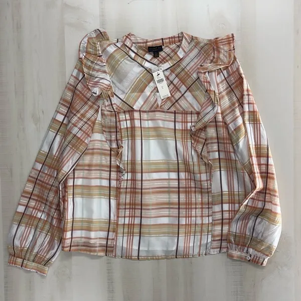nwt ANTHROPOLOGIE current air ruffle plaid blouse top event work L - Image 3