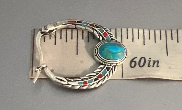 Vintage Silver Tone Hoop Earrings Faux Turquoise Enamel Southwestern Estate 1" - Image 6