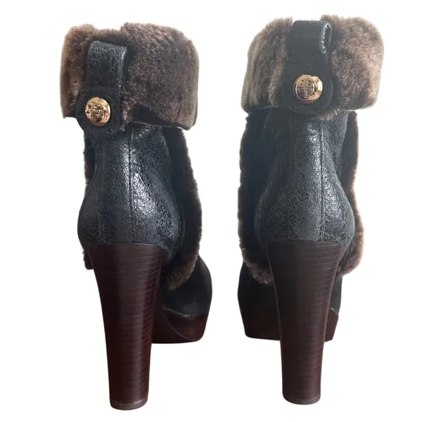 Tory Burch Shearling Cuffed Platform Booties Metallic Leather Fur Trim 8 - Image 4