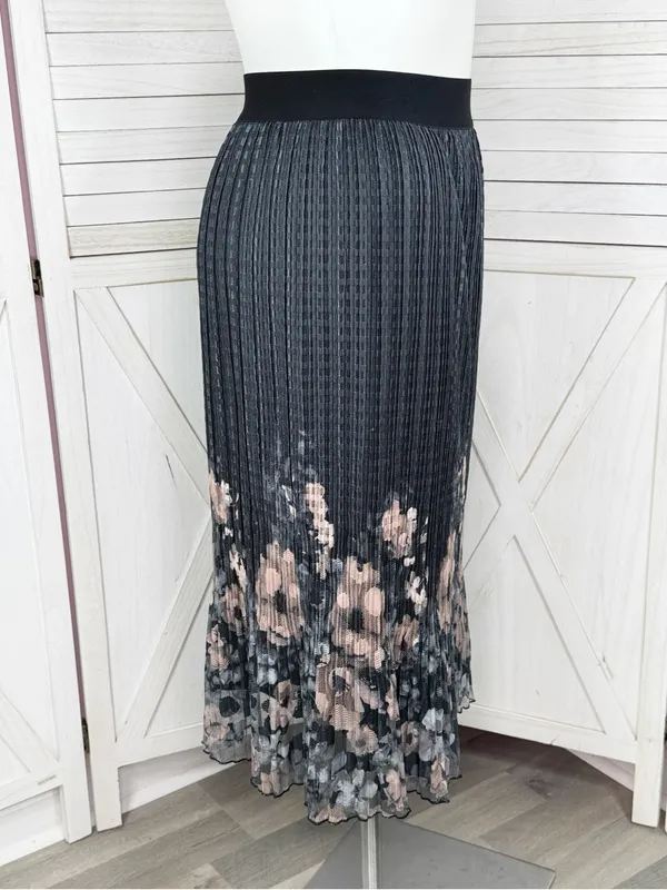 Metrowear Pleated Floral Boarder Sheer Midi‎ Skirt Steel Blue Peach Large - Image 3