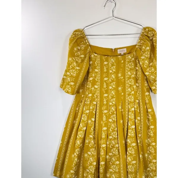 Mason's Daughter Mini Dress Yellow Emma Saffron Floral Square Puffed Boho Medium - Image 5
